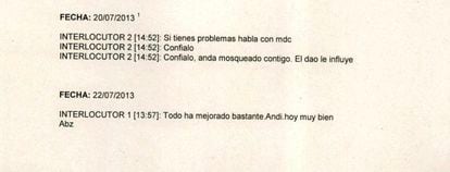 Intercambio de mensajes entre López del Hierro y Villarejo, reflejado en otra parte del informe policial, donde se identifica a Villarejo como "interlocutor 1" y a López del Hierro como "interlocutor 2".