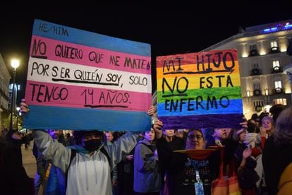 Esmeralda y su hijo durante las protestas en la Puerta del Sol, el pasado 13 de noviembre, contra la reforma de las leyes trans y LGTBI de la Comunidad de Madrid.