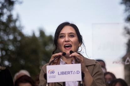 Isabel Díaz Ayuso, en una intervención durante una visita al municipio de Fuenlabrada, el 19 de abril.