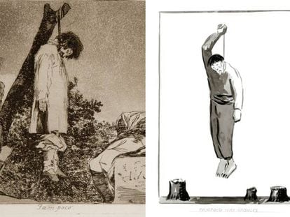 A la izquierda, el cuadro titulado 'Tampoco' de Goya y un dibujo de El Roto.