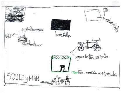 Mouhammadou, refugiado nigeriano en Camerún y autor de este dibujo, dice: "Perdí mi casa, mi colchón, mi bicicleta, a mi amigo. He perdido mi escuela. Nuestra casa ha desaparecido".