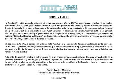 Declaração sobre a apreensão da sede da Fundação Luisa Mercado.