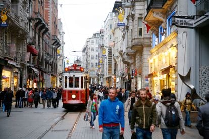 The tram that runs along İstiklal Caddesi (Independence Avenue), in Istanbul.
