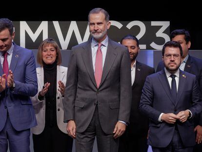 Autoridades en el acto de inauguración del Mobile World Congress el pasado mes de febrero, encabezadas por el Rey Felipe VI, el presidente Pedro Sánchez y el president Pere Aragonès.