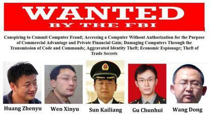 Cartel del FBI con los cinco militares chinos encausados.