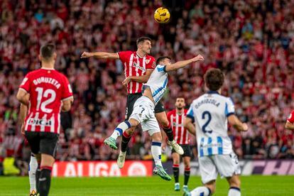 Vivian heads a ball against Ander Barrenetxea, at one point in the match.