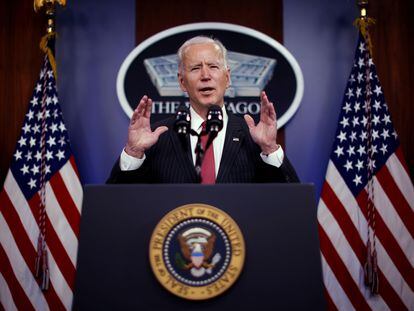 El presidente de Estados Unidos, Joe Biden, durante un discurso en el Pentágono, en Arlinton (Virginia), el pasado 10 de febrero.