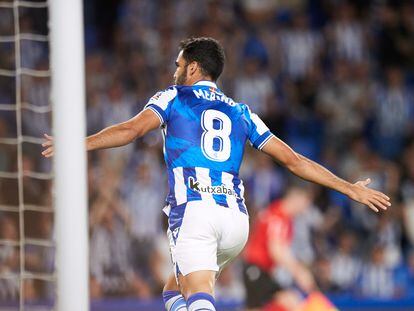 Mikel Merino of Real Sociedad reacts after scoring first goal during the La Liga Santander match between Real Sociedad and RCD Mallorca at Reale Arena on October 19, 2022, in San Sebastian, Spain.
AFP7 
19/10/2022 ONLY FOR USE IN SPAIN