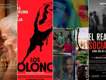 Carteles de las películas 'La memoria infinita', 'Los colonos', 'La Práctica' y 'El realismo socialista'.