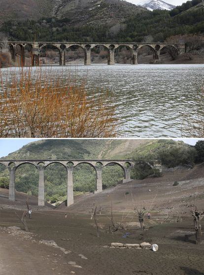 Estado del embalse de Barrios de Luna, al 60% de agua embalsada en la foto superior tomada el 13 de marzo de 2018 y al 7% de su capacidad en la foto inferior tomada el 31 de agosto de 2017.