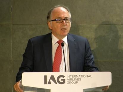 El CEO de IAG, Luis Gallego, esta tarde durante la junta de accionistas celebrada en Madrid.