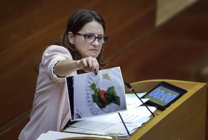 La consejera valenciana M&oacute;nica Oltra muestra las ensaladas que se serv&iacute;an en uno de los centros de acogida de menores. 