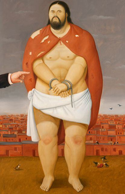 Botero retrata la tragedia del Vía Crucis con su tradicional sentido del humor, combinando elementos incongruentes como en esta pintura: los buitres carroñeros comiendo un trozo de carne, el perro que los observa, las casitas humildes que recuerdan a un barrio pobre de Medellín, su ciudad natal, la elegante mano que señala a Jesús y la cara de escepticismo de este, maniatado con una cuerda. Una composición surrealista que puede hacer reír o puede hacer reflexionar sobre las injusticias que unen los tiempos de Cristo con los tiempos modernos.