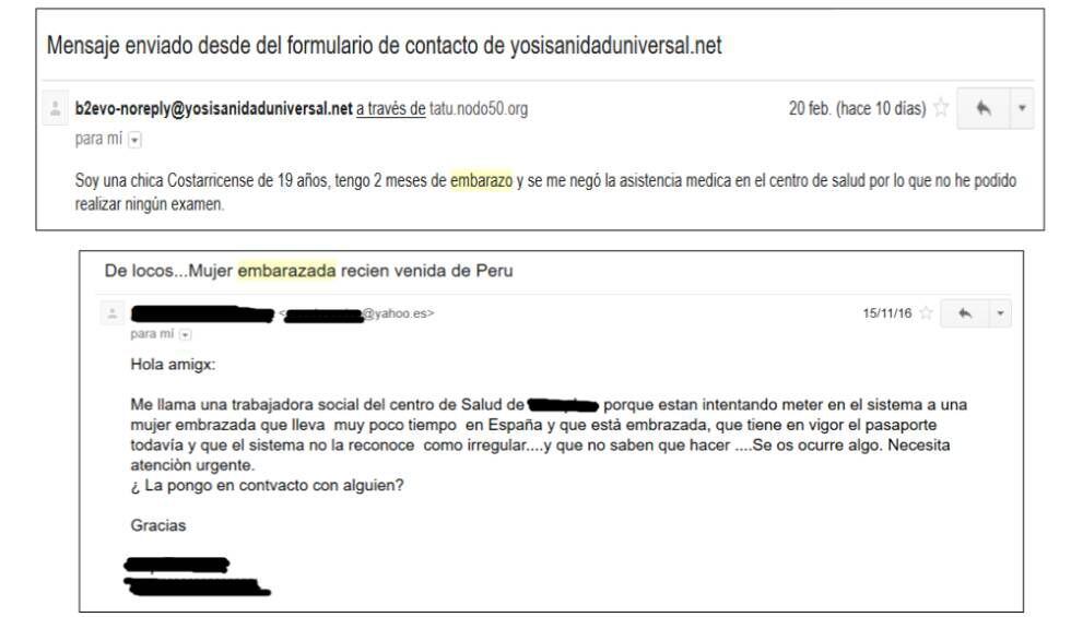 Ejemplos de correos electrónicos de embarazadas no atendidas en Madrid recibidos en el buzón de Yo Sí Sanidad Universal.