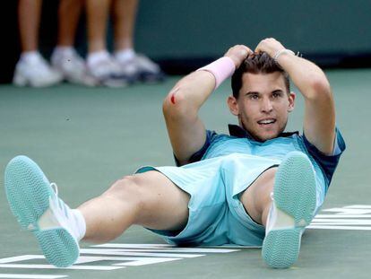 Thiem celebra su victoria contra Federer en Indian Wells.