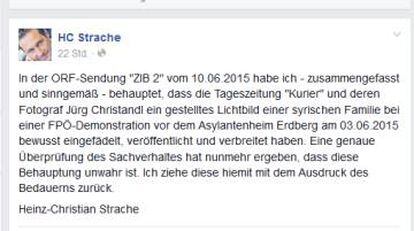 La disculpa de Strache en Facebook.