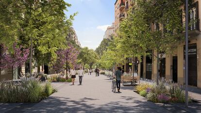 La calle de Rocafort, que se convertirá en un eje verde dentro del programa Superilla Barcelona, en una imagen virtual.