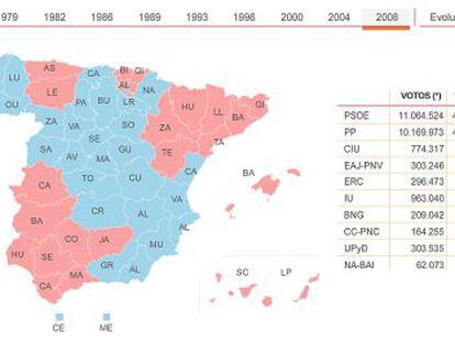 España en 10 elecciones generales. <a href="http://www.elpais.com/graficos/espana/Espana/elecciones/generales/elpepuesp/20111007elpepunac_1/Ges/target=blank"><b>Consulta el gráfico</b></a>