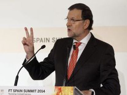 El presidente del Gobierno, Mariano Rajoy, durante su intervenci&oacute;n en la cumbre organizada por el Financial Times