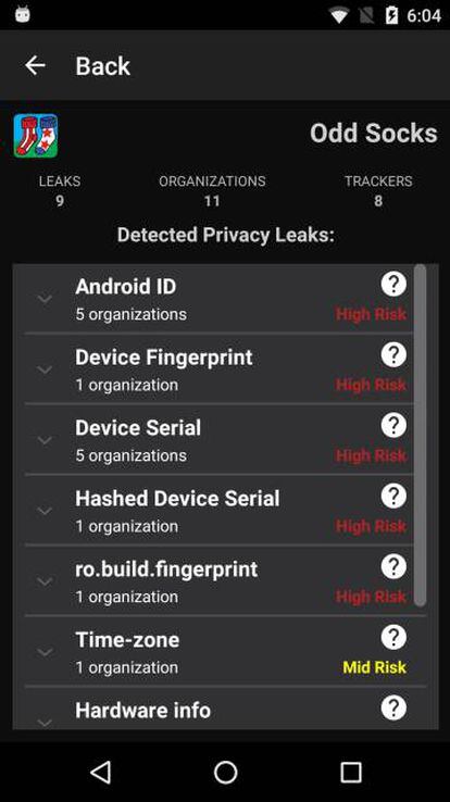 Interfaz de usuario de Lumen en la que se muestran los datos que se están filtrando y sus riesgos para la privacidad, encontrados en un juego llamado “Odd Socks” para móviles Android.