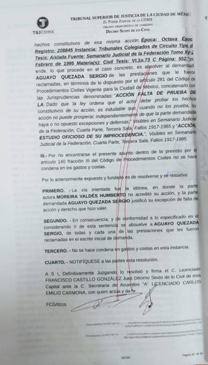 La última página de la sentencia a favor de Aguayo.