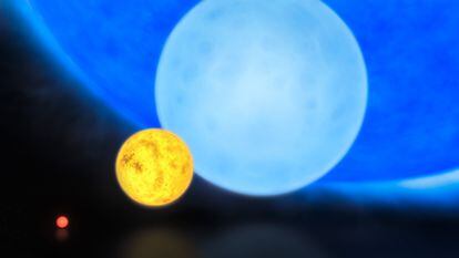 Ilustración los tamaños comparativos de varios astros: desde una enana roja (la más pequeña, en naranja), una enana amarilla, como el Sol (en amarillo), una enana azul con ocho masas solares (azul claro) y la gigante de 300 masas solares (azul oscuro, al fondo).