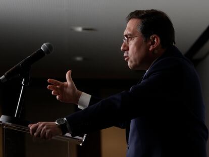 El ministro de Asuntos Exteriores, José Manuel Albares, durante una conferencia en el Cercle de Economía de Barcelona, este viernes.
