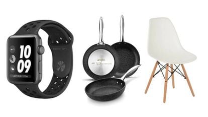 De izquierda a derecha: un Apple Watch Nike+ GPS 38mm Series 3, un set de sartenes Monix Mineral y un 'pack' de seis sillas de estilo nórdico.