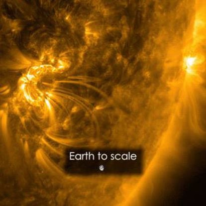 Imagen del tamaño de la llamarada solar, comparada con la Tierra.