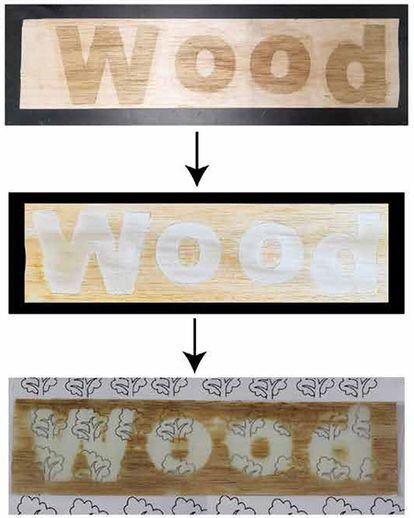 Scientists painted the word wood on a sheet of wood with hydrogen peroxide (top) and then applied ultraviolet light that bleached the painted parts (center).  The infiltration of epoxy into the wood made it transparent (below);  A sheet with a transparent pattern contrasts the transparent and opaque sections.