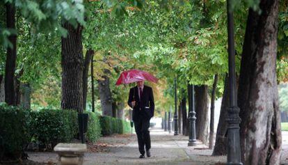 Un hombre pasea por el Retiro bajo un paraguas.