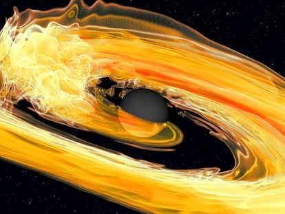 Representación de la fusión entre un agujero negro, en el centro, y una estrella de neutrones.