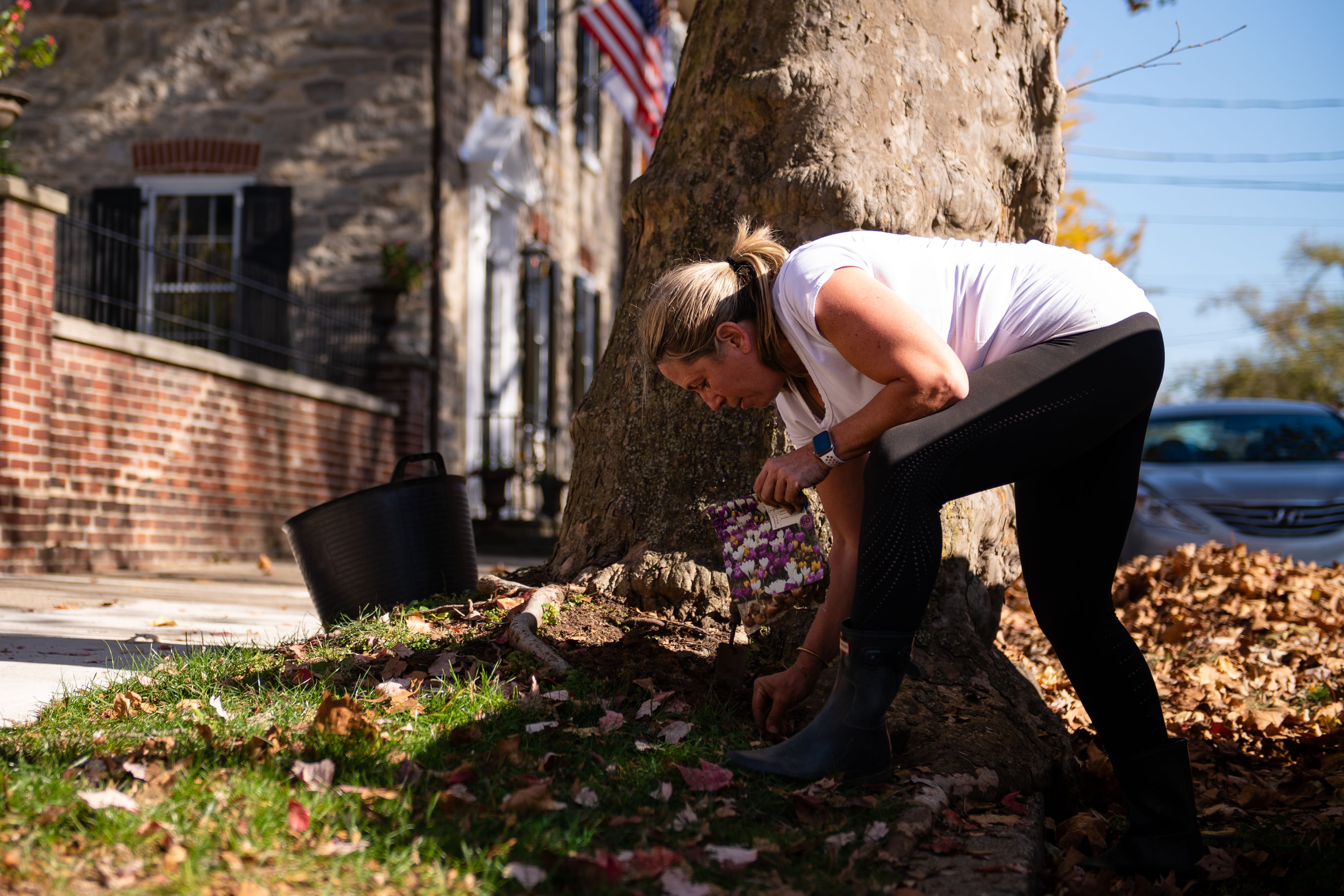 Paige VanWirt planta bulbos alrededor de un árbol frente a su casa. 