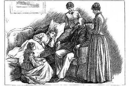 Beth, una de las hermanas March, junto a sus hermanas y su padre en una ilustración de Frank T. Merrill.