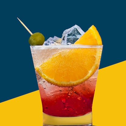 Negroni cocktail on a graphic blue and yellow background with defined shadow