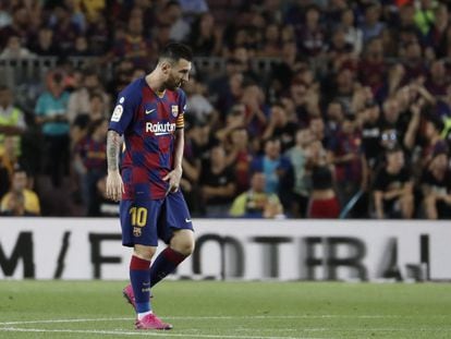 Messi, tras lesionarse en un partido con el Barça en 2019.