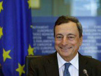 Mario Draghi, presidente del BCE, durante su comparecencia hoy en el Parlamento Europeo