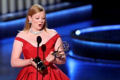 Sarah Snook, with her Emmy for best lead actress in a drama for her role as Shiv Roy in 'Succession'.