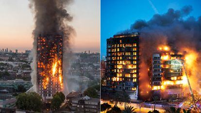 La Torre Grenfell de Londres, a la izquierda, durante el incendio de 2017. A la derecha, el bloque de viviendas incendiado en el barrio de Campanar, en Valencia, este viernes. 