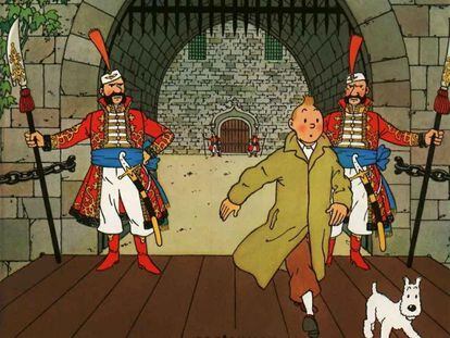 Portada del álbum de Hergé 'El cetro de Ottokar' (Juventud), con Tintín y guardias reales de Syldavia.