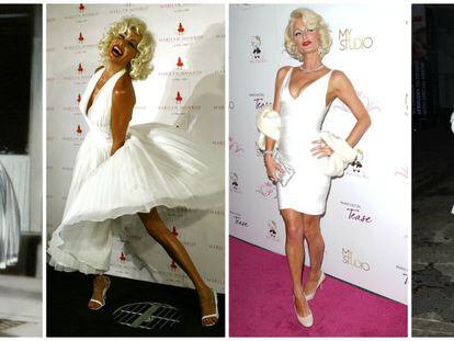 Maryl Monroe en 'La tentación vive arriba' ha sido uno de los personajes más repetidos por las famosas. De izquierda a derecha: Ana Obregón disfrazada como la actriz en una fiesta en Marbella en 2002; Paris Hilton, en  2010 y la modelo Karlie Kloss, en una fiesta el pasado sábado en Nueva York.