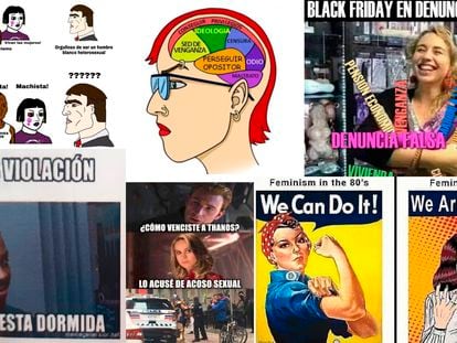 Varios memes antifeministas que circulan por las redes misóginas ilustran el discurso de odio y la banalización de la violencia de género.