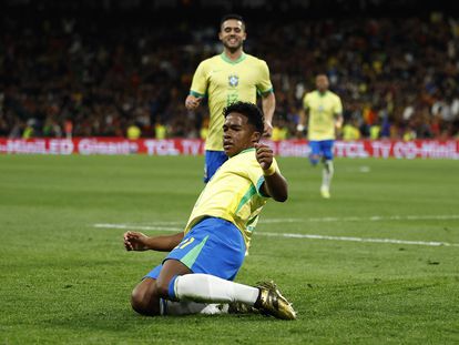 Endrick celebra su gol a España con Brasil