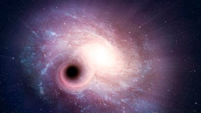 Representación artística de un agujero negro en una galaxia espiral.