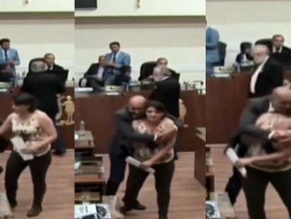 Fotogramas muestran la concejala Carla Ayres siendo agarrada por su homónimo Marquinhos Silva, durante la sesión de la cámara de Florianópolis, 8 de diciembre de 2022.