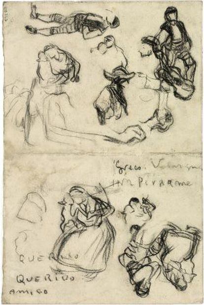 Dibuix de Picasso en el qual es pot llegir: "Greco, Velázquez, inspireu-me".