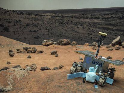 Peluches de 'Rosetta' y 'Philae' en un paisaje marciano simulado.