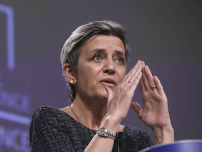 La vicepresidenta ejecutiva de la Comisión Europea, Margrethe Vestager, durante la presentación del reglamento europeo sobre inteligencia artificial.