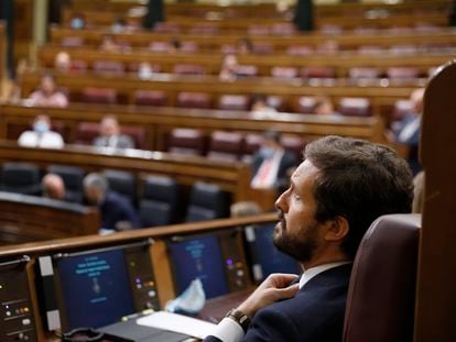 El presidente del Partido Popular, Pablo Casado, este miércoles durante la primera sesión de control al Gobierno en el Congreso de los Diputados.