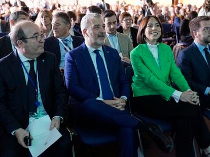 Desde la izquierda, el embajador de España en la Unesco, Miquel Iceta; el alcalde de Barcelona Jaume Collboni; la ministra de Ciencia Diana Morant y el presidente de la Generalitat, Pere Aragonès, durante la inauguración de la Conferencia del Decenio del Océano.
